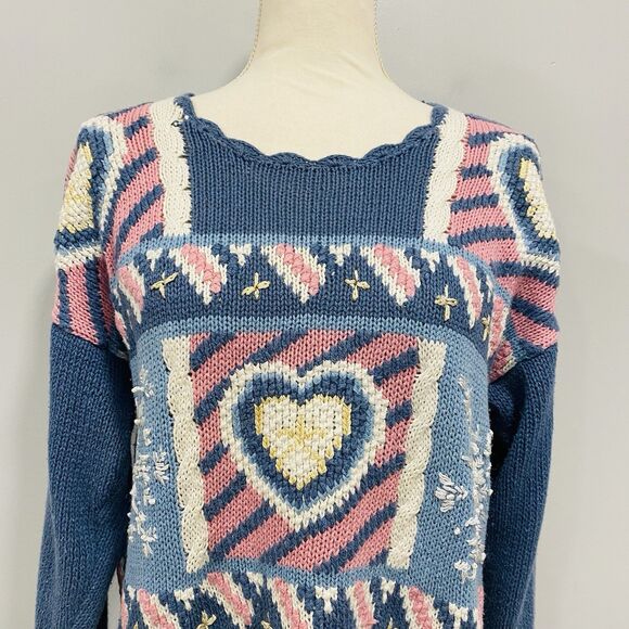 VINTAGE 90s Women M Blue Granny Core Heart Patchwork Heavy Knit Sweater Cottage - Picture 4 of 16